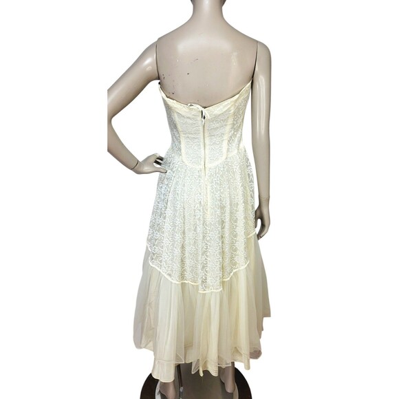 VTG 50s Lorrie Deb Ivory Chiffon Lace Strapless Wedding Ethereal Fairycore Dress - Picture 8 of 13
